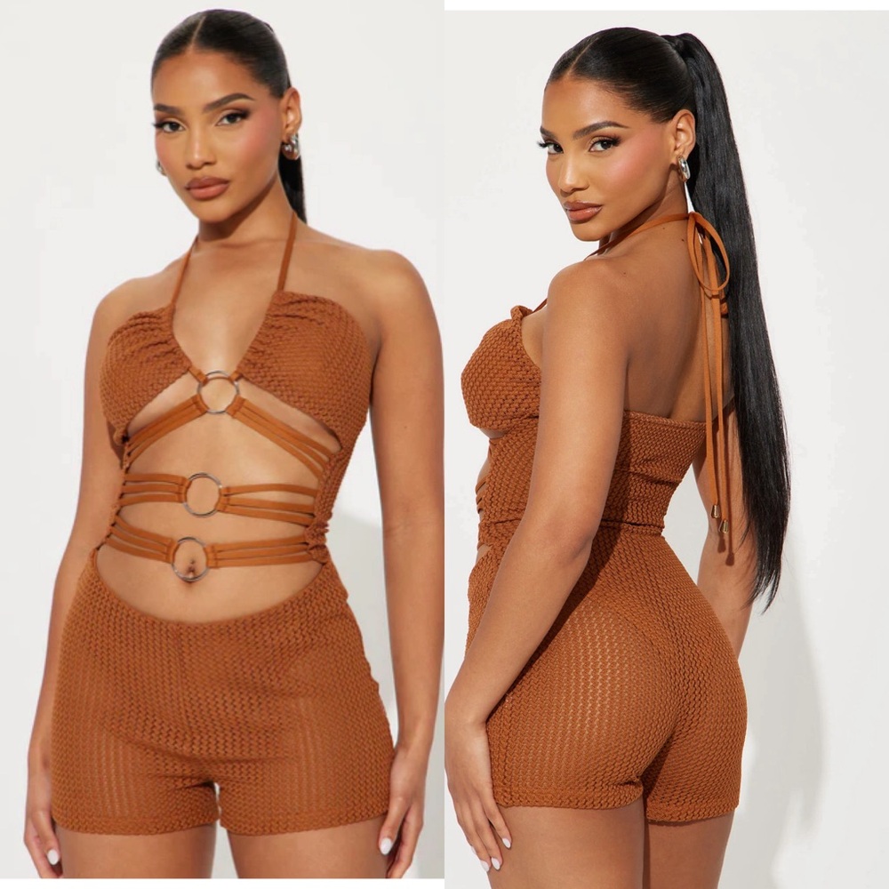 Tan and Orange Ribbed Cut Out Jumpsuit